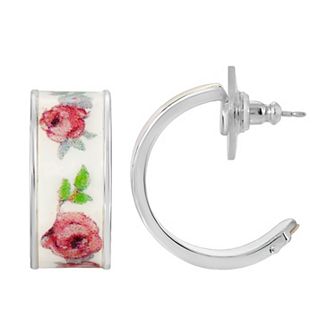 1928 Silver Tone Pink Floral Hoop Earrings