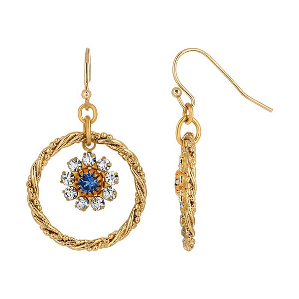 1928 Gold Tone Blue Simulated Crystal Flower Drop Hoop Earrings