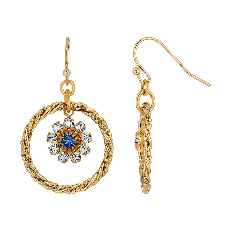 1928 Gold Tone Blue Simulated Crystal Flower Drop Hoop Earrings, Womens