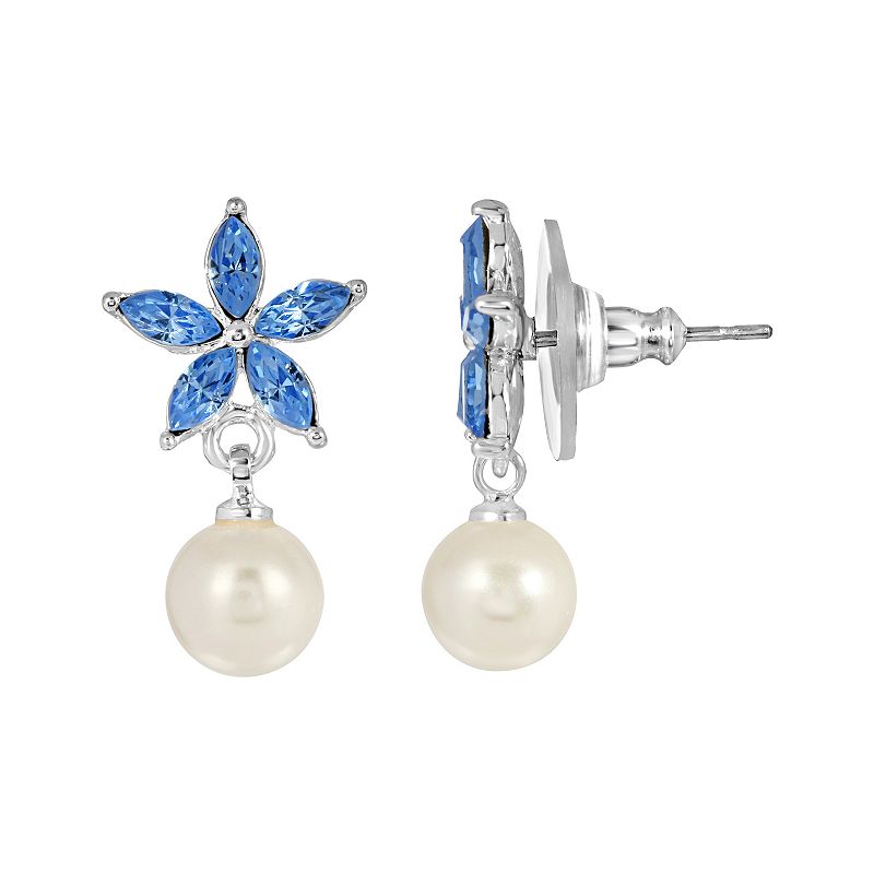 1928 Silver Tone Simulated Crystal and Pearl Flower Drop Earrings, Womens,