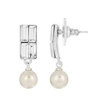 1928 Silver Tone Simulated Crystal and Faux Pearl Drop Earrings