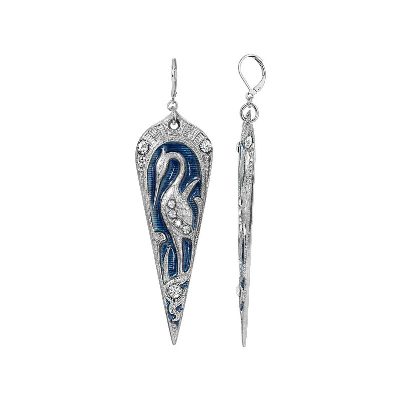 1928 Silver Tone Blue Enamel Large Crane Earrings, Womens