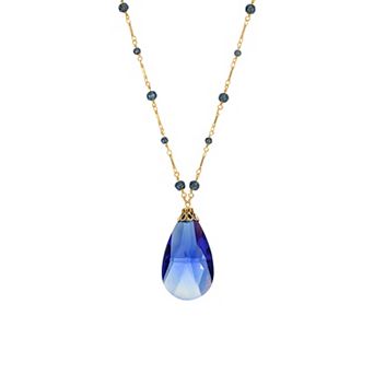 1928 Gold Tone Large Blue Briolette Pendant Necklace