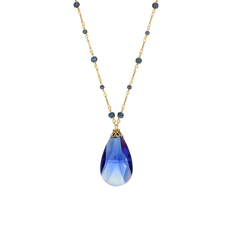 1928 Gold Tone Large Blue Briolette Pendant Necklace, Womens