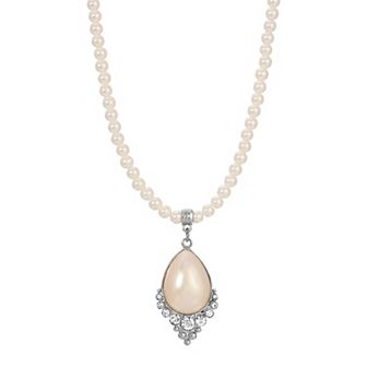 1928 Silver Tone Simulated Crystal and Pearl Teardrop Necklace