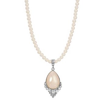 1928 Silver Tone Simulated Crystal and Pearl Teardrop Necklace