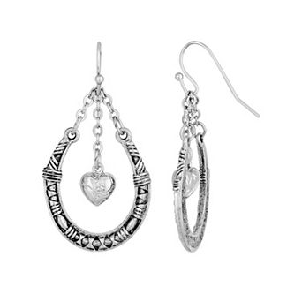 1928 Silver Tone Pewter Horseshoe with Hanging Heart Earrings