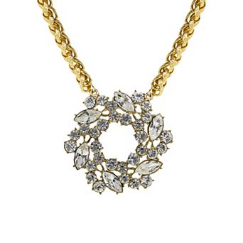 1928 Gold Tone Simulated Crystal Brooch Pendant Necklace