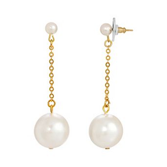 1928 Gold Tone Simulated Pearl Chain Drop Post Earrings