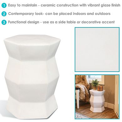 Sunnydaze 17.25 in Moderno Geometric Glaze Ceramic Garden Stool - White