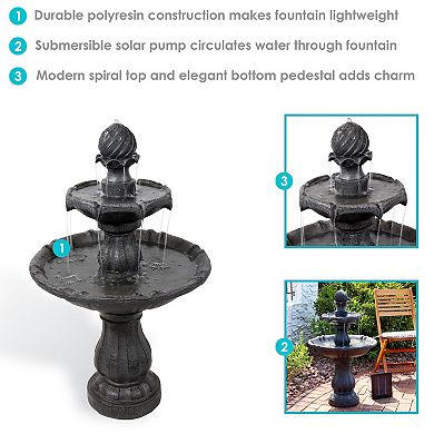 Sunnydaze 2-Tier Solar Outdoor Water Fountain with Battery Backup - Black Finish - 35-Inch