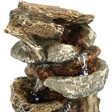 Sunnydaze Tiered Rock and Log Indoor Water Fountain with LEDs - 10.5 in