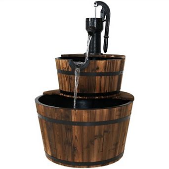 Sunnydaze Wooden Bowl/Barrel Water Fountain with Hand Pump/Liner