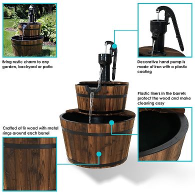Sunnydaze Rustic 2-Tier Wood Barrel Water Fountain with Hand Pump - 34 in
