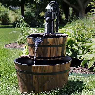 Sunnydaze Rustic 2-Tier Wood Barrel Water Fountain with Hand Pump - 34 in