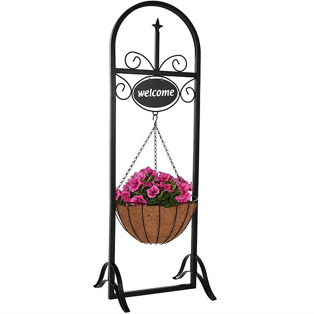 Sunnydaze Black Iron Frame Hanging Basket Planter with Welcome