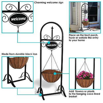 Sunnydaze Decorative Welcome Sign and Hanging Basket Planter Stand - 48-Inch