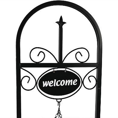 Sunnydaze Black Iron Frame Hanging Basket Planter with Welcome Sign - 48 in