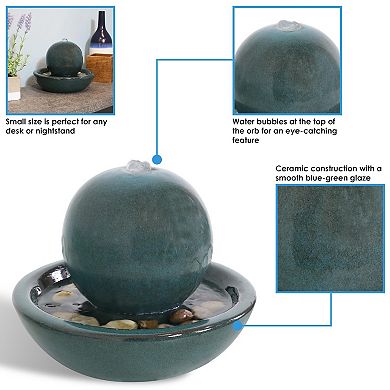 Sunnydaze Ceramic Indoor Tabletop Water Fountain with Orb - Teal
