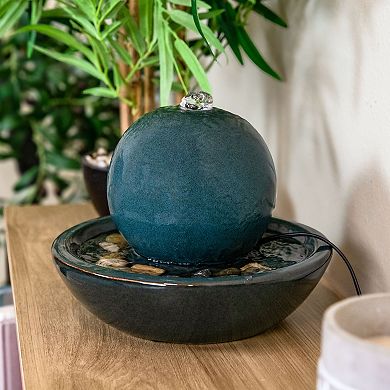 Sunnydaze Ceramic Indoor Tabletop Water Fountain with Orb - Teal
