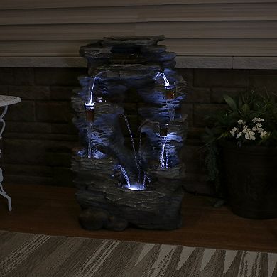 Sunnydaze Dual Cascading Rock Waterfall Fountain with LED Lights - 39 in