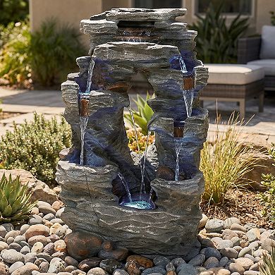 Sunnydaze Dual Cascading Rock Waterfall Fountain with LED Lights - 39 in