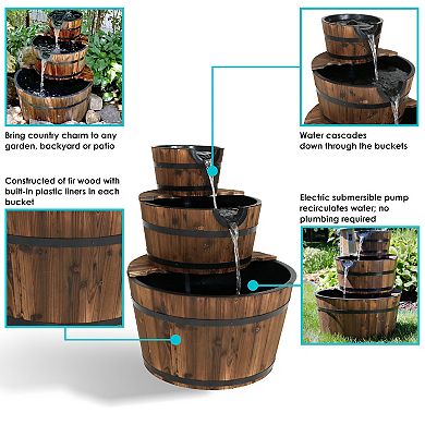 Sunnydaze Rustic 3-Tier Wooden Fir Barrel-Style Water Fountain - 30 in