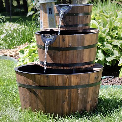 Sunnydaze Rustic 3-Tier Wooden Fir Barrel-Style Water Fountain - 30 in