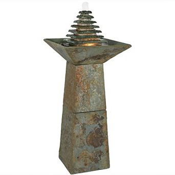 Sunnydaze Layered Slate Pyramid Water Fountain with LED Lights - 40 in