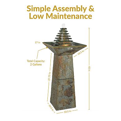 Sunnydaze Layered Slate Pyramid Water Fountain with LED Lights - 40 in