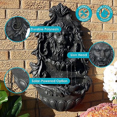 Sunnydaze Stoic Courage Lion Head Polyresin Outdoor Solar Wall Fountain