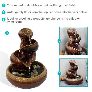 Sunnydaze Tiered Vessels Ceramic Indoor Water Fountain - 10 in - Brown