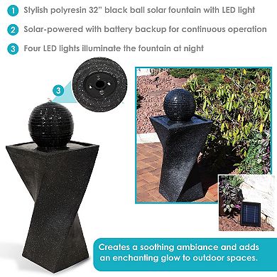 Sunnydaze Black Ball Solar Water Fountain with Battery/LED Lights - 32 in