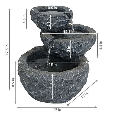 Sunnydaze 3-Tier Chiseled Basin Solar Water Fountain with Battery - 17 in