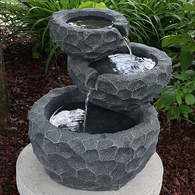 Sunnydaze 3-Tier Chiseled Basin Solar Water Fountain with Battery - 17 in