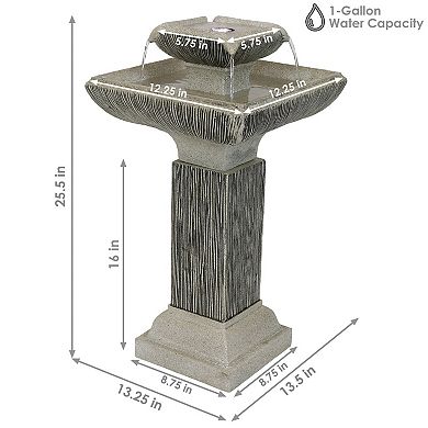 Sunnydaze 2-Tier Square Outdoor Bird Bath Water Fountain - LED Lights - 25-Inch