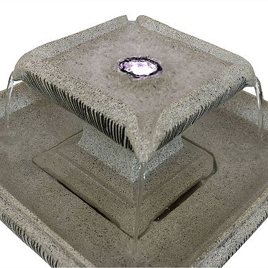 Sunnydaze 2-Tier Square Outdoor Bird Bath Water Fountain - LED Lights - 25-Inch