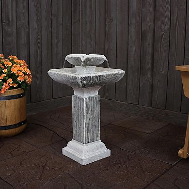 Sunnydaze 2-Tier Square Outdoor Bird Bath Water Fountain - LED Lights - 25-Inch