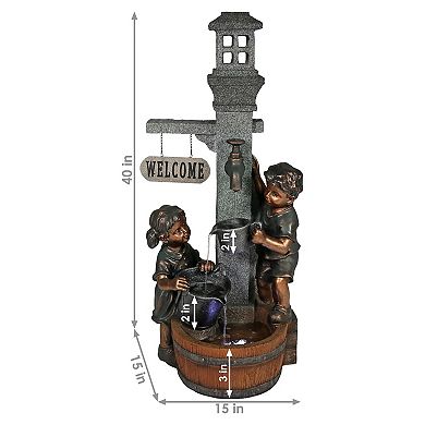 Sunnydaze Children Playing at Faucet Water Fountain with LED Lights - 40 in