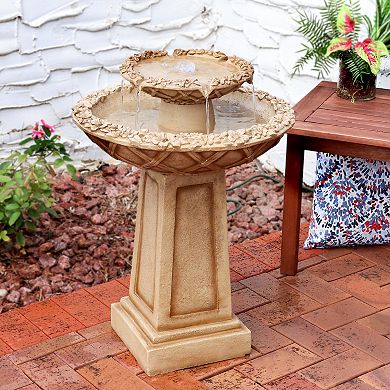 Sunnydaze Beveled Flower Polyresin Outdoor 2-Tier Bird Bath Fountain