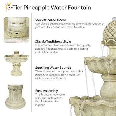 Sunnydaze Pineapple Fiberglass Outdoor 3-Tier Water Fountain