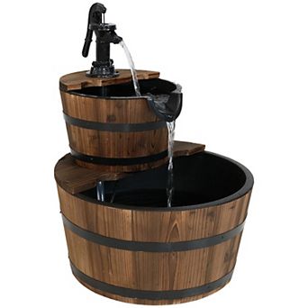 Sunnydaze Wooden Bowl/Barrel Water Fountain with Hand Pump/Liner