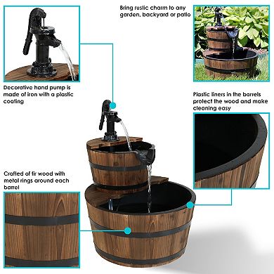 Sunnydaze Wooden Bowl/Barrel Water Fountain with Hand Pump/Liner - 23 in