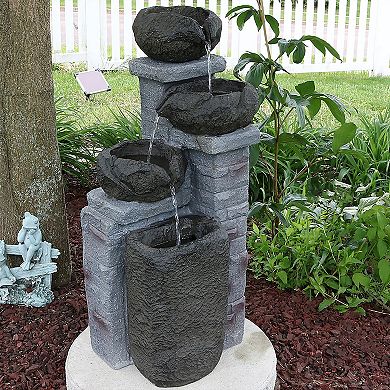 Sunnydaze Cascading Stone Bowl Solar Water Fountain with LED Lights - 27 in