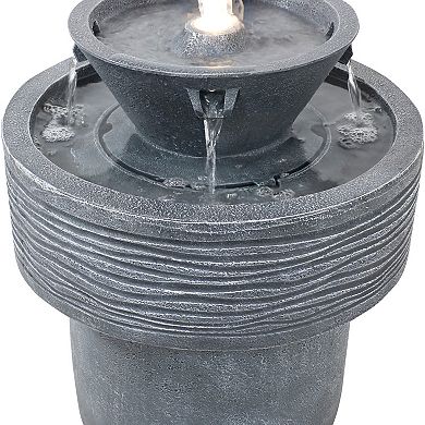 Sunnydaze Tranquil Streams Resin Outdoor 2-Tier Water Fountain with Lights