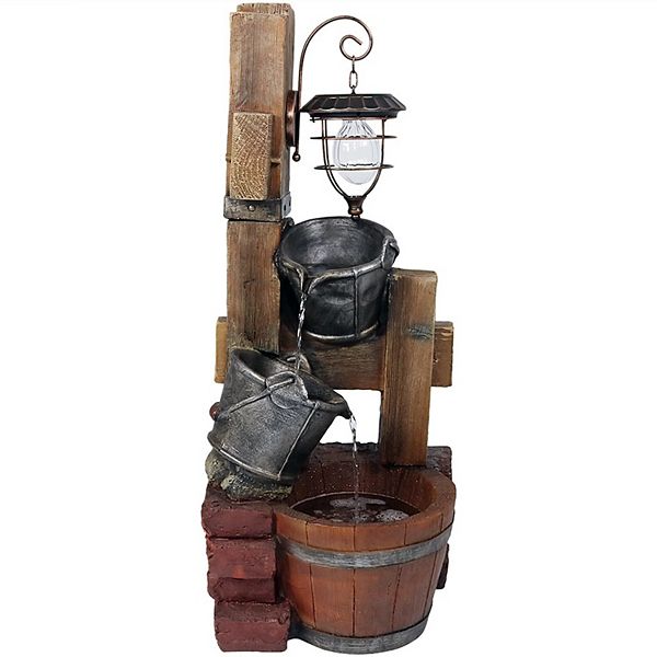 Sunnydaze Rustic Pouring Buckets Water Fountain and Solar Lantern - 34 in