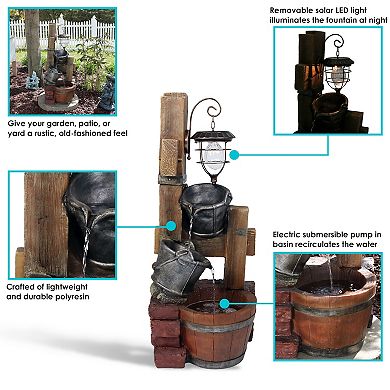 Sunnydaze Rustic Pouring Buckets Water Fountain and Solar Lantern - 34 in