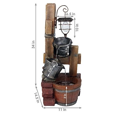 Sunnydaze Rustic Pouring Buckets Water Fountain and Solar Lantern - 34 in