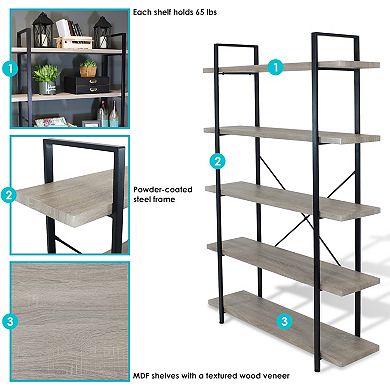 Sunnydaze 5-Tier Industrial Open-Shelf Bookshelf