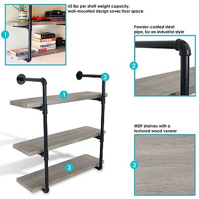 Sunnydaze 3-Tier Industrial Style Wall Bookshelf with Black Pipe Frame